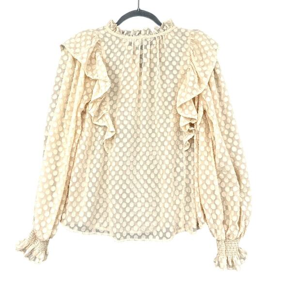 August‎ Sky Cream Polka Dot Long Sleeve Ruffled Tie-Neck Blouse Victorian Medium - Picture 2 of 7